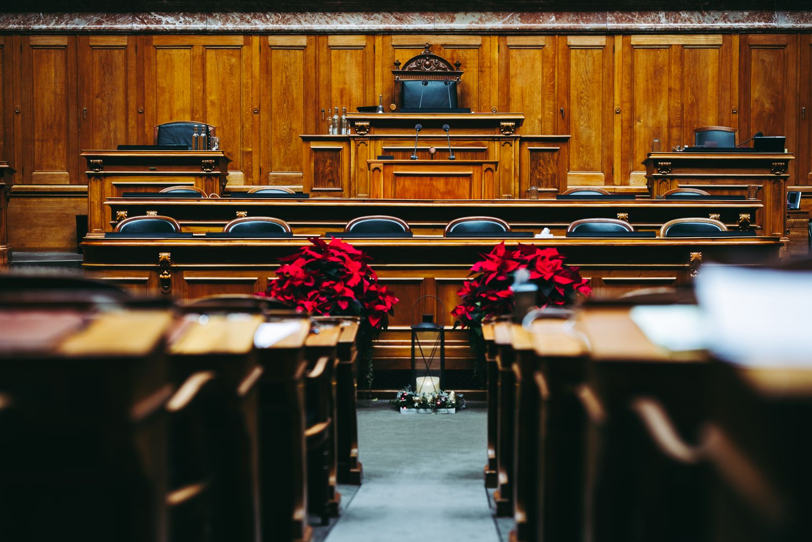 Traditional courtroom interior with warm wood furnishings